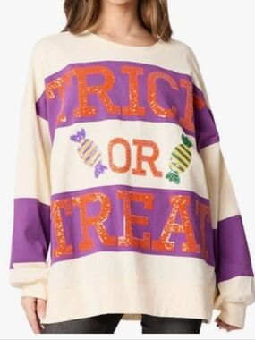 Women's Halloween Oversized Sweatshirt Pullover Trick Or Treat ~ Sequins